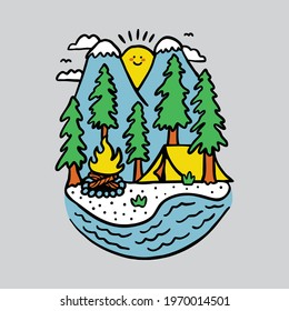 Camping nature adventure wild line badge patch pin graphic illustration vector art t-shirt design