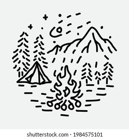 Camping nature adventure wild line badge patch pin graphic illustration vector art t-shirt design