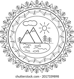 Camping nature adventure wild line badge patch pin graphic illustration vector art t-shirt design, mandala