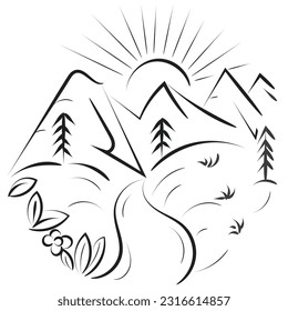 Camping Nature Adventure wild line art. Wild nature illustration for print or use as poster, card, flyer or T Shirt