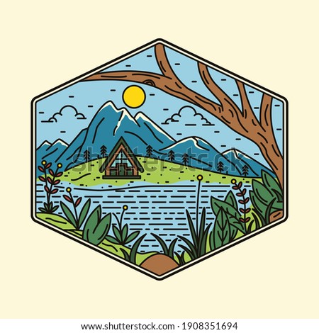Camping nature adventure wild line badge patch pin graphic illustration vector art t-shirt design