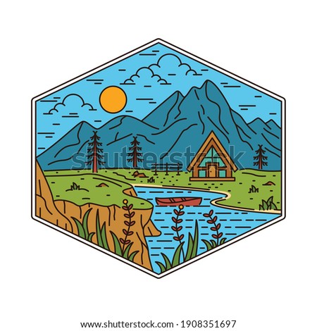 Camping nature adventure wild line badge patch pin graphic illustration vector art t-shirt design