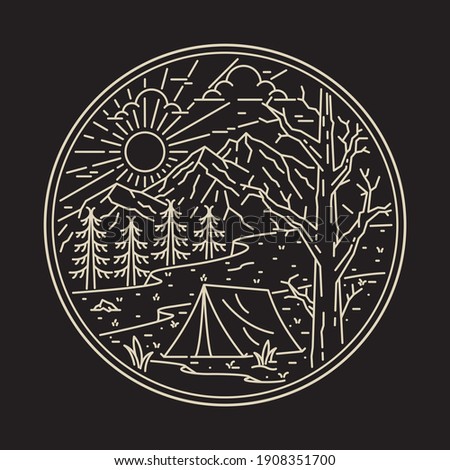 Camping nature adventure wild line badge patch pin graphic illustration vector art t-shirt design