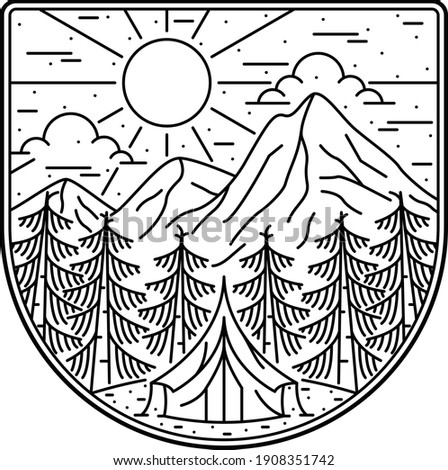 Camping nature adventure wild line badge patch pin graphic illustration vector art t-shirt design