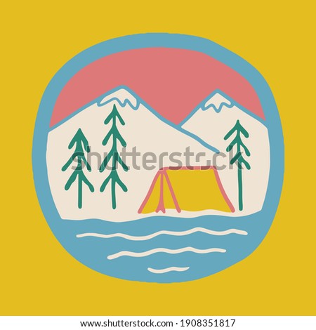 Camping nature adventure wild line badge patch pin graphic illustration vector art t-shirt design