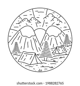 Camping nature adventure wild mountain sunrise line graphic illustration vector art t-shirt design