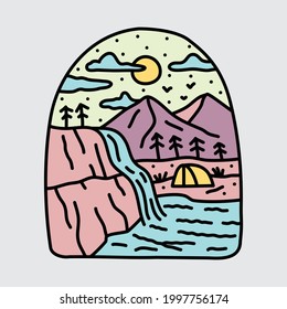 Camping nature and beauty waterfall graphic illustration vector art t-shirt design