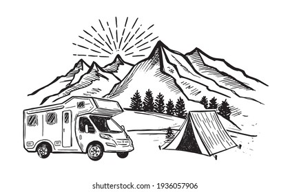 Camping in nature, Camper van, Mountain landscape, hand drawn style, vector illustrations.