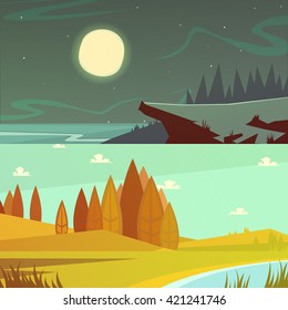 Camping and nature at daytime and night horizontal cartoon banners set isolated  vector illustration 
