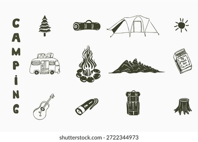 Elementos de naturaleza de camping y equipo al aire libre para pegatinas de aventura de montaña