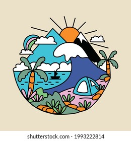 Camping nature and great wave graphic illustration vector art t-shirt design