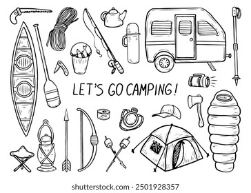 Camping in nature hand drawn in doodle style. Travel to holiday camp. Trailer, tent, kayak, campfire, sleeping bag. Hiking in the mountain forest to the lake. Vector line art illustration.