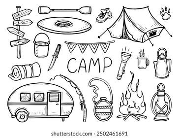 Camping in nature hand drawn in doodle style. Travel to holiday camp. Trailer, tent, kayak, campfire. Hiking in the mountain forest to the lake. Vector line art illustration.