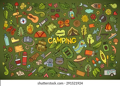 Camping nature hand drawn vector symbols and objects