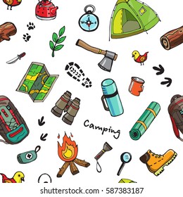 Camping nature hand drawn vector symbols and objects.