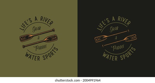 Camping and nature hiking expedition on kayak, canoe and raft boat. Kayaking sport, rafting and canoe tours, outdoor adventure club symbols