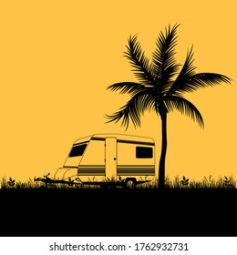 camping in nature leisure with palm illustration art in colorful