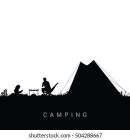 Camping Nature With Man And Child Silhouette Illustration In Black Color