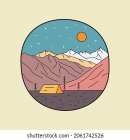 camping with nature in mono line art, patch badge design, emblem design, T-Shirt Design