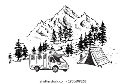 Camping in nature, motor home, Mountain landscape, hand drawn style, vector illustrations.