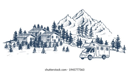 Camping in nature, motor home, Mountain landscape, hand drawn style, vector illustrations.	