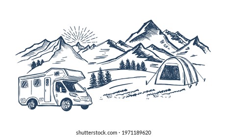 Camping in nature, motor home, Mountain landscape, hand drawn style, vector illustrations.	