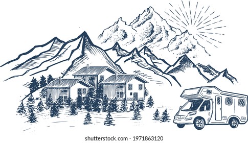 Camping in nature, motor home, Mountain landscape, hand drawn style, vector illustrations.	