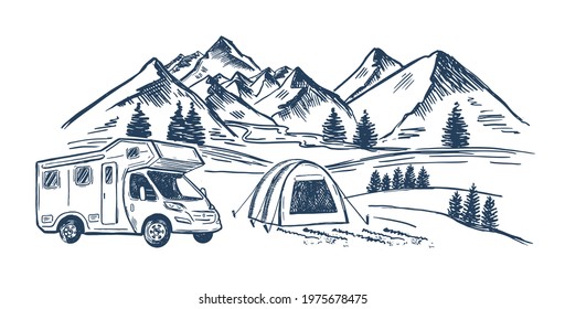 Camping in nature, motor home, Mountain landscape hand drawn style vector illustrations.	