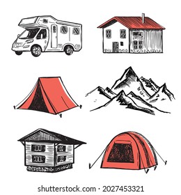 Camping in nature motor home, mountain landscape hand drawn style