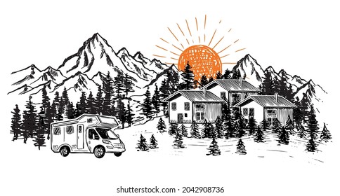 Camping in nature, motor home, Mountain landscape, hand drawn style, vector illustrations.	