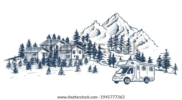Camping in nature, motor home, Mountain\
landscape, hand drawn style, vector\
illustrations.	