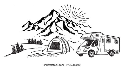 Camping en la naturaleza, autohome, paisaje de montaña, estilo dibujado a mano, ilustraciones vectoriales.