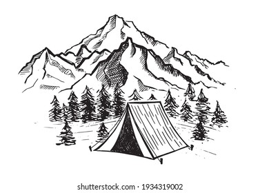 Camping in nature, Mountain landscape, hand drawn style, vector illustrations. 	