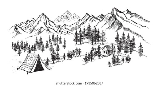 Camping in nature, Mountain landscape, hand drawn style, vector illustrations. 	