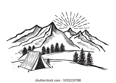 Camping in nature, Mountain landscape, sketch style, vector illustrations. 	