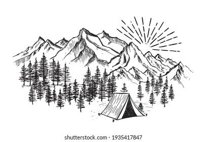 Camping en la naturaleza, paisaje de montaña, estilo de esbozo, ilustraciones vectoriales. 	