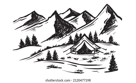 Camping in nature, Mountain landscape, sketch style, vector illustrations.