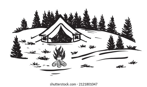 Camping in nature, Mountain landscape, sketch style, vector illustrations.	