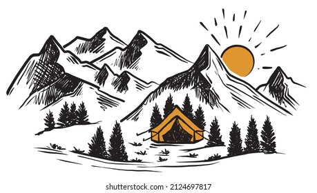 Camping in nature, Mountain landscape, sketch style, vector illustrations.