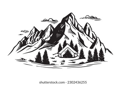 Camping en la naturaleza, paisaje de montaña, estilo de esbozo, ilustraciones vectoriales.	
