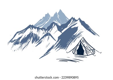 Camping in nature, mountains, hand drawn illustrations	
