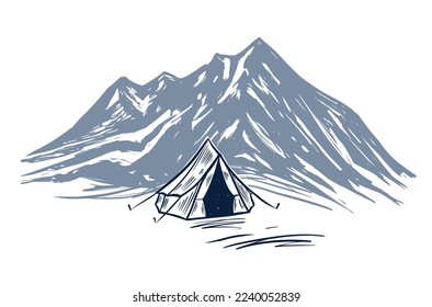 Camping in nature, mountains, hand drawn illustrations	
