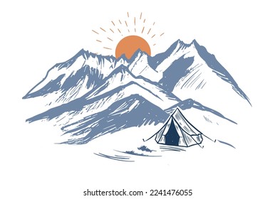 Camping in nature, mountains, hand drawn illustrations