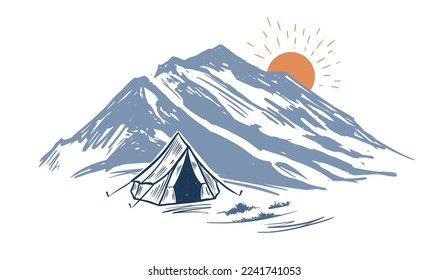 Camping in nature, mountains, hand drawn illustrations