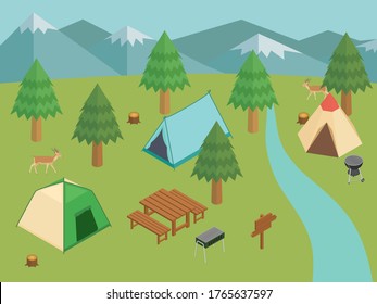 Camping in nature with mountains and rivers.