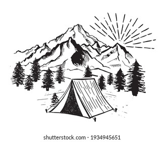 Camping in nature near mountains, hand drawn style, vector illustrations. 	