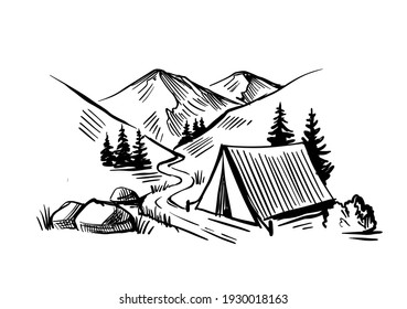 Camping in nature near mountains. Travel theme landscape in sketch style