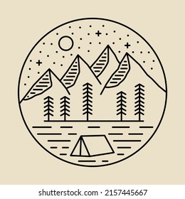 Camping nature at night mono line graphic illustration vector art t-shirt design