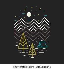Camping in the nature at night mono line graphic illustration vector art t-shirt design