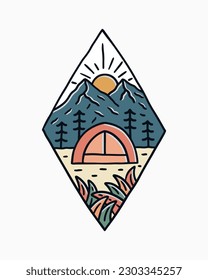 Camping nature outdoor under the mountains and the sunrise design for badge, sticker, t shirt art and other 